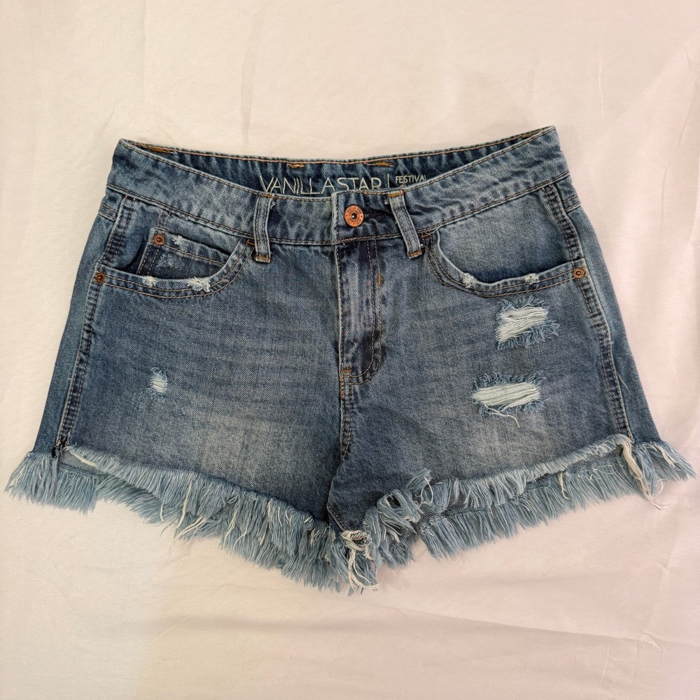 Vanilla Star Festival Distressed Denim Shorts Medium Wash Frayed Hem Size 5